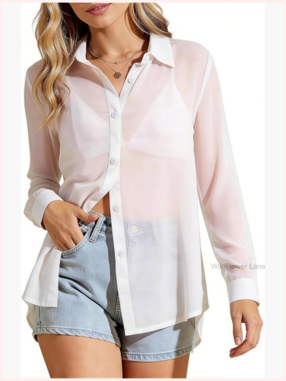 Sexy Sheer Long Sleeve Button Down Blouse Mesh Top